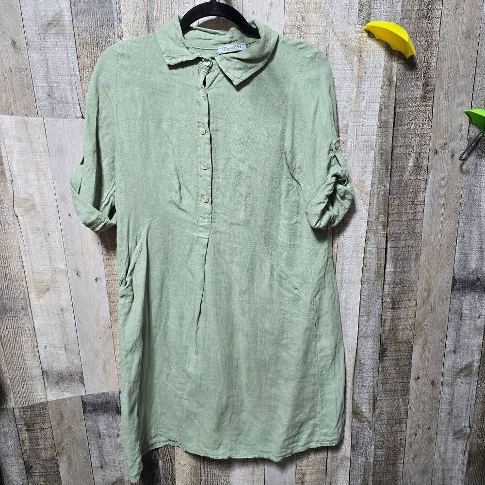 Elena Baldi Olive Green Linen Shirt Dress Gorpcore Minimalist Simple